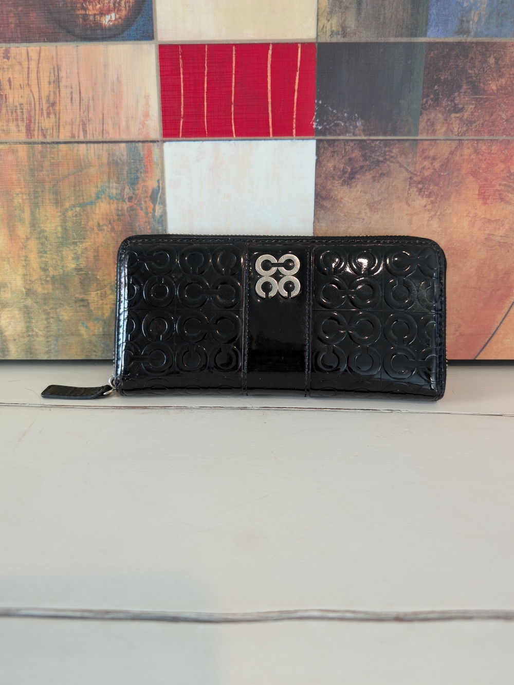 COACH Julia Op Art Patent Leather Zip Around Accordion Wallet Black